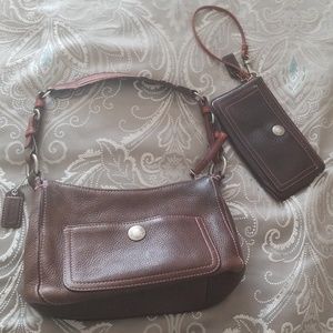 Coach Purse and Wristlet - Brown w Pink Stitching